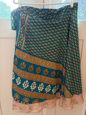Original Sari Wrap Skirt Teal Blue Pink Size 8-20 Reversible Tea Length Boho